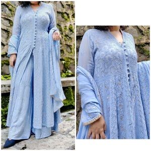 Indian dress. Chikankari Anarkali. Saree. Sz S. Pastel Blue Lucknowi